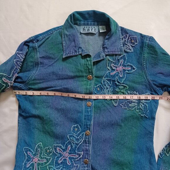 Keren Hart Denim Jacket Blazer Tie dye Airbrush Beaded Applique Relaxed Size M - Picture 7 of 8